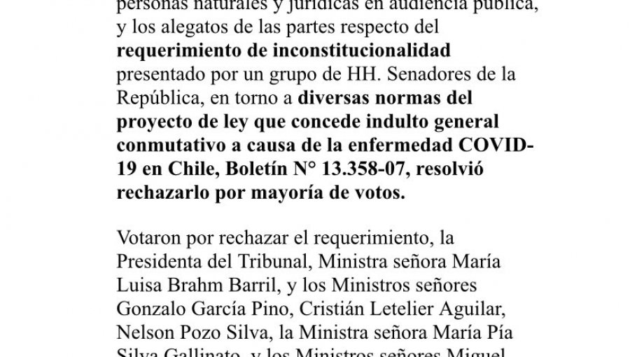 Tribunal Constitucional rechaza requerimiento de senadores de Chile Vamos por indulto conmutativo