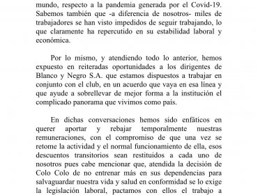 Plantel de Colo-Colo tildó de "falsos" los dichos de Blanco y Negro tras suspender contratos