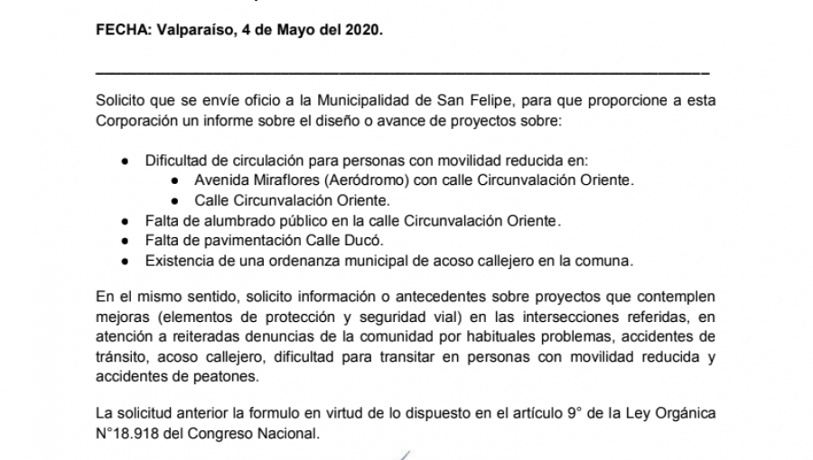 Diputado Ibáñez oficia a la Municipalidad de San Felipe tras accidente fatal en transitada avenida