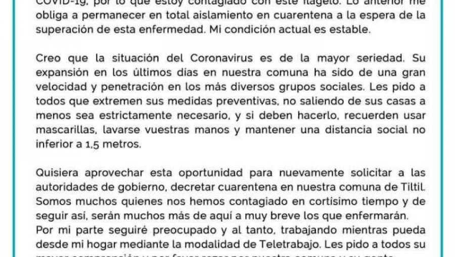 Alcalde de Tiltil es el primer jefe comunal de la región Metropolitana en dar positivo por Covid-19