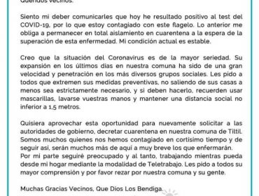 Alcalde de Tiltil es el primer jefe comunal de la región Metropolitana en dar positivo por Covid-19