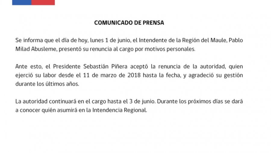 Pablo Milad renunció a su cargo de Intendente de la región del Maule