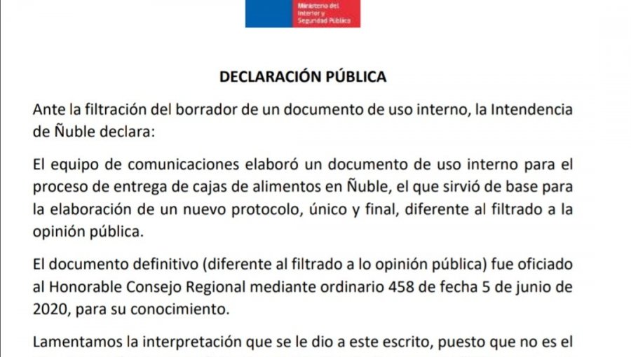 Intendencia del Ñuble aclaró polémico instructivo para entrega de cajas de alimentos que se filtró