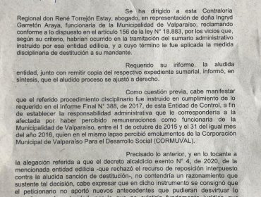 Contraloría establece que destitución de funcionaria municipal de Valparaíso con doble contrato fue ajustada a derecho