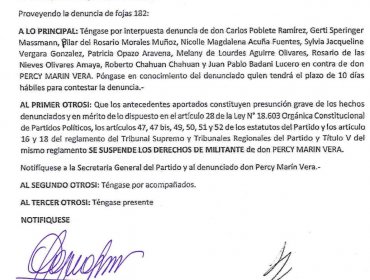 Filtran documento de Tribunal Regional de RN en donde se da a conocer “suspensión” de militancia de Consejero Percy Marín