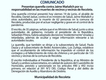 Alcalde de Recoleta se querella por cuasidelito de homicidio contra el presidente Piñera y Jaime Mañalich