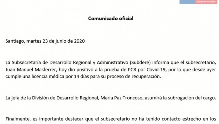 Subsecretario de Desarrollo Regional, Juan Manuel Masferrer, dio positivo por Covid-19