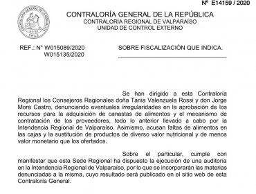 Contraloría ordena auditoría en la Intendencia de Valparaíso por adquisición y entrega de cajas de alimento en la región