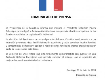 Presidente Piñera desestima el veto y anuncia que promulgará este viernes la ley que permite el retiro del 10% de las AFP