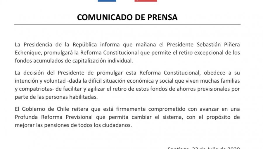 Presidente Piñera desestima el veto y anuncia que promulgará este viernes la ley que permite el retiro del 10% de las AFP