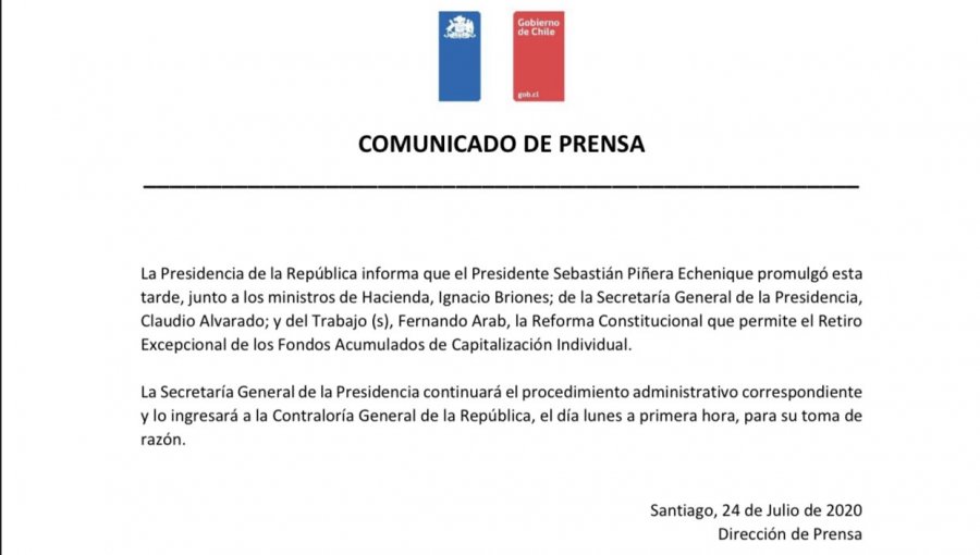 Presidente Piñera promulgó sin ceremonia la ley que permite el retiro del 10% de las AFP