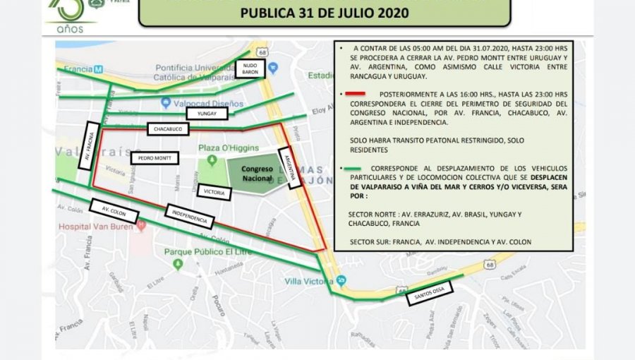 Conozca los desvíos y cortes de tránsito que habrá en Valparaíso por la Cuenta Pública a la Nación