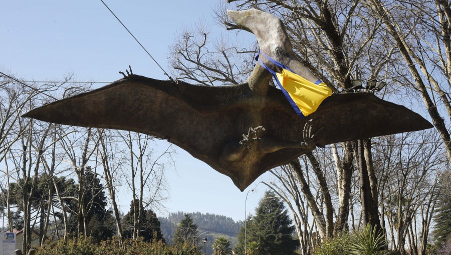 Dinosaurios de plaza Acevedo en Concepción lucen mascarillas para incentivar su uso