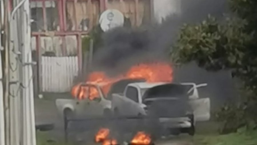 Grupo de unas 40 personas incendia dos camionetas policiales y carabineros huyen a los cerros en Contulmo