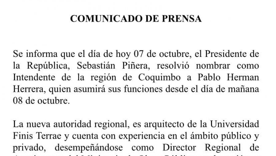 Pablo Herman fue designado como nuevo Intendente de la región de Coquimbo