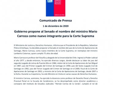 Gobierno propuso a Mario Carroza como nuevo integrante de la Corte Suprema