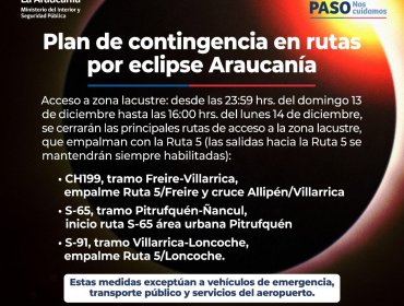 Eclipse en La Araucanía: Rutas a Pucón y Villarrica serán cerradas desde las 0:00 horas de este lunes 14