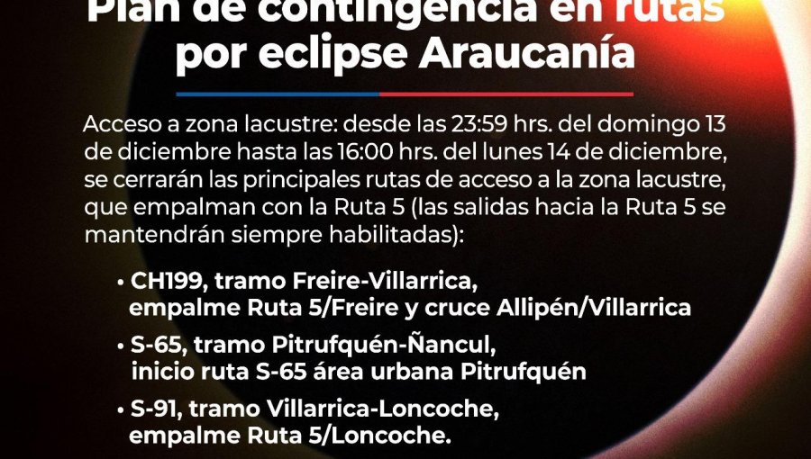 Eclipse en La Araucanía: Rutas a Pucón y Villarrica serán cerradas desde las 0:00 horas de este lunes 14