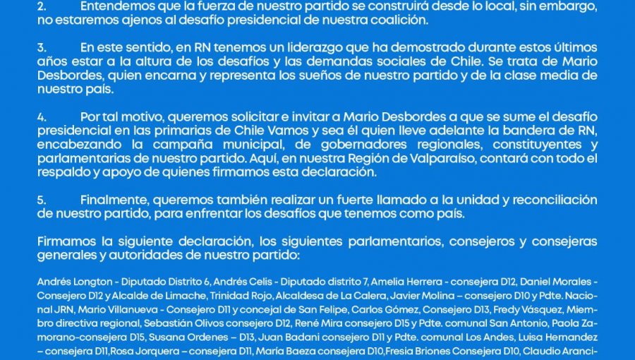 Se "desbordó" RN en la Región de Valparaíso: Base de militantes da masivo apoyo a Mario Desbordes para ser la carta presidenciable del partido