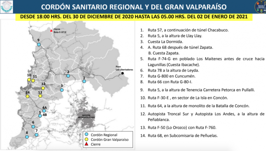 Conozca todos los puntos donde se instalarán los cordones sanitarios de Año Nuevo en la región de Valparaíso