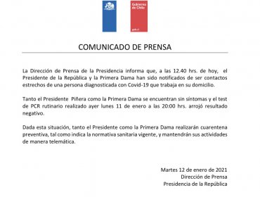 Presidente Piñera y Primera Dama inician cuarentena preventiva tras ser notificados como contactos estrechos de un contagiado