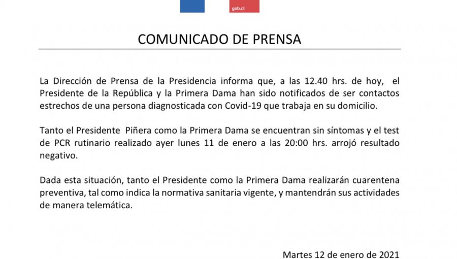 Presidente Piñera y Primera Dama inician cuarentena preventiva tras ser notificados como contactos estrechos de un contagiado