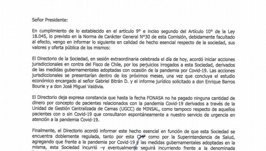 Clínica Las Condes iniciará acciones contra el Fisco por atenciones de pacientes Fonasa no pagadas durante la pandemia