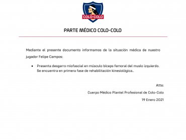 Felipe Campos será baja en Colo-Colo tras sufrir lesión en su pierna izquierda