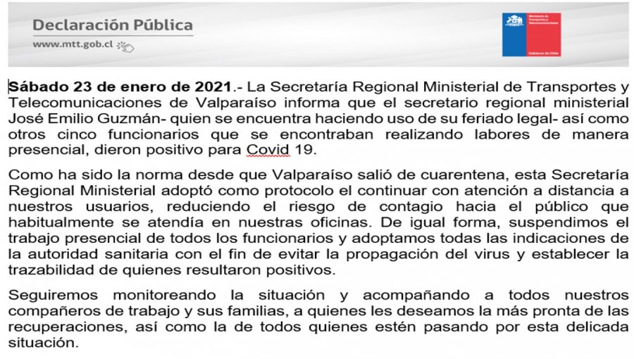 Seremi de Transportes de Valparaíso y cinco funcionarios dieron positivo por Covid-19