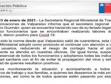 Seremi de Transportes de Valparaíso y cinco funcionarios dieron positivo por Covid-19