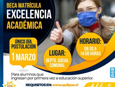 El 1 de marzo comienza postulación a Beca Matrícula de Excelencia Académica para estudiantes de Quilpué