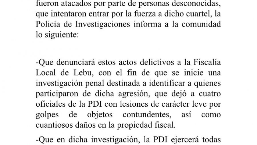 PDI denunciará a quienes atacaron cuartel donde se encontraba el tío abuelo del pequeño Tomás en Lebu