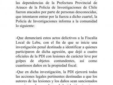 PDI denunciará a quienes atacaron cuartel donde se encontraba el tío abuelo del pequeño Tomás en Lebu