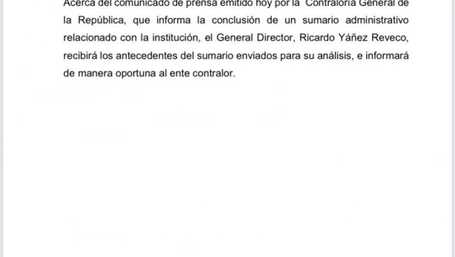 Carabineros informará "oportunamente" a Contraloría sobre decisión de suspender a generales