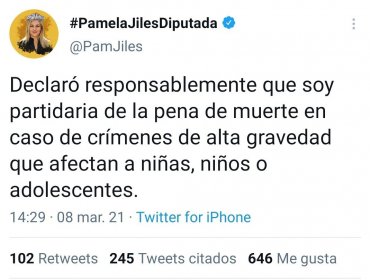 Pamela Jiles declara ser partidaria de la pena de muerte en crímenes que "afectan a niñas, niños y adolescentes"