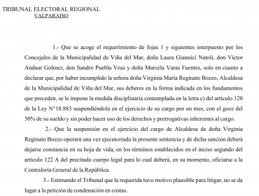 Respira Virginia Reginato: Tribunal Electoral descarta "abandono de deberes" y sólo sanciona a la Alcaldesa de Viña del Mar con un mes de suspensión