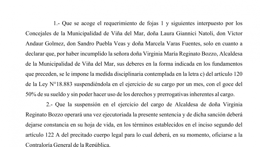 Respira Virginia Reginato: Tribunal Electoral descarta "abandono de deberes" y sólo sanciona a la Alcaldesa de Viña del Mar con un mes de suspensión