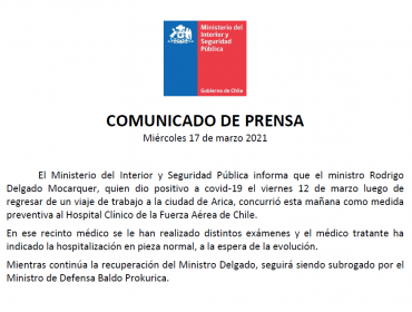 Ministro del Interior fue internado en el hospital de la FACh por su contagio de Covid-19