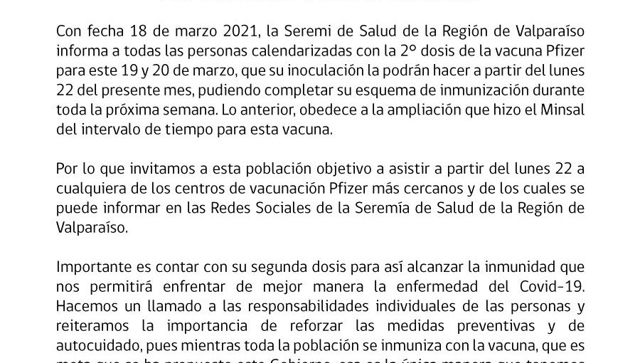 Vacunación de segundas dosis de Pfizer programadas para este viernes y sábado en Valparaíso se aplazaron para el lunes 22