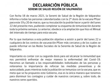 Vacunación de segundas dosis de Pfizer programadas para este viernes y sábado en Valparaíso se aplazaron para el lunes 22