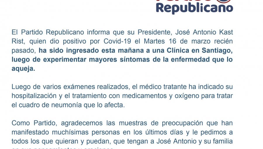 José Antonio Kast fue hospitalizado por cuadro de neumonía asociado a su contagio de Covid-19