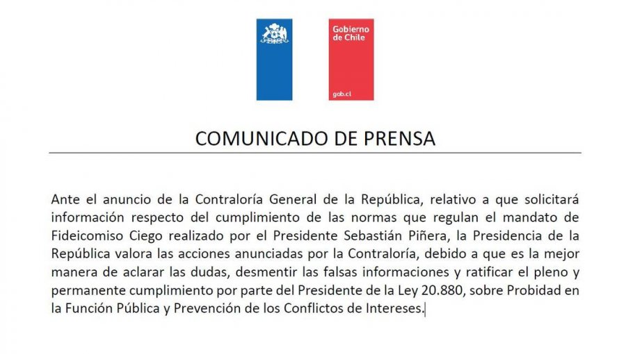 Presidencia "valora las acciones" de Contraloría sobre fiscalización de fideicomiso ciego del presidente Piñera