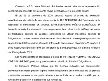 Fiscalía abandona la persecución penal contra el presidente Piñera por paseo en Cachagua sin mascarilla