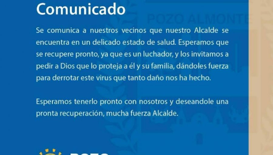 Alcalde de Pozo Almonte permanece en "delicado" estado de salud tras contagiarse de Covid-19