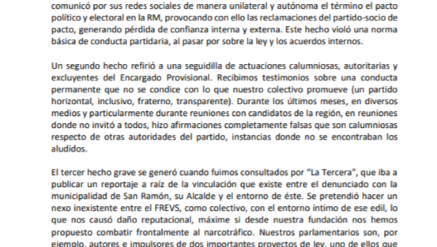 FRVS expulsó a dirigente que levantó candidaturas vinculadas con San Ramón y el narcotráfico