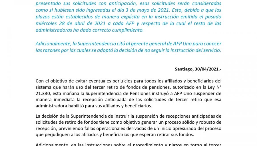 Superintendencia de Pensiones instruye a AFP UNO detener proceso anticipado de retiro del 10%