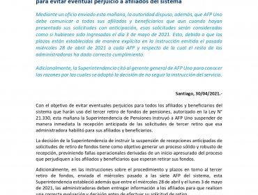 Superintendencia de Pensiones instruye a AFP UNO detener proceso anticipado de retiro del 10%