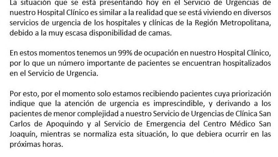 Hospital Clínico UC atenderá sólo a pacientes con riesgo vital por alta ocupación del servicio de urgencias