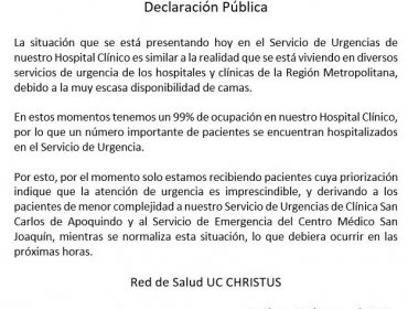 Hospital Clínico UC atenderá sólo a pacientes con riesgo vital por alta ocupación del servicio de urgencias