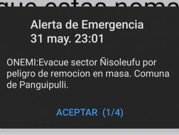 Onemi activa mensajería SAE para evacuar sector Ñisoleufu en Los Ríos por peligro de remoción de masa